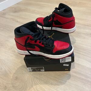 Air Jordan 1 Mid Black and Red Boys Sneakers, Size 7